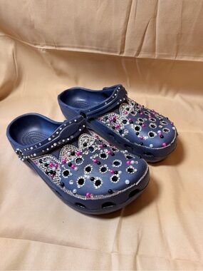 Bejeweled Navy Slip-On Clogs with Pink & White Accents